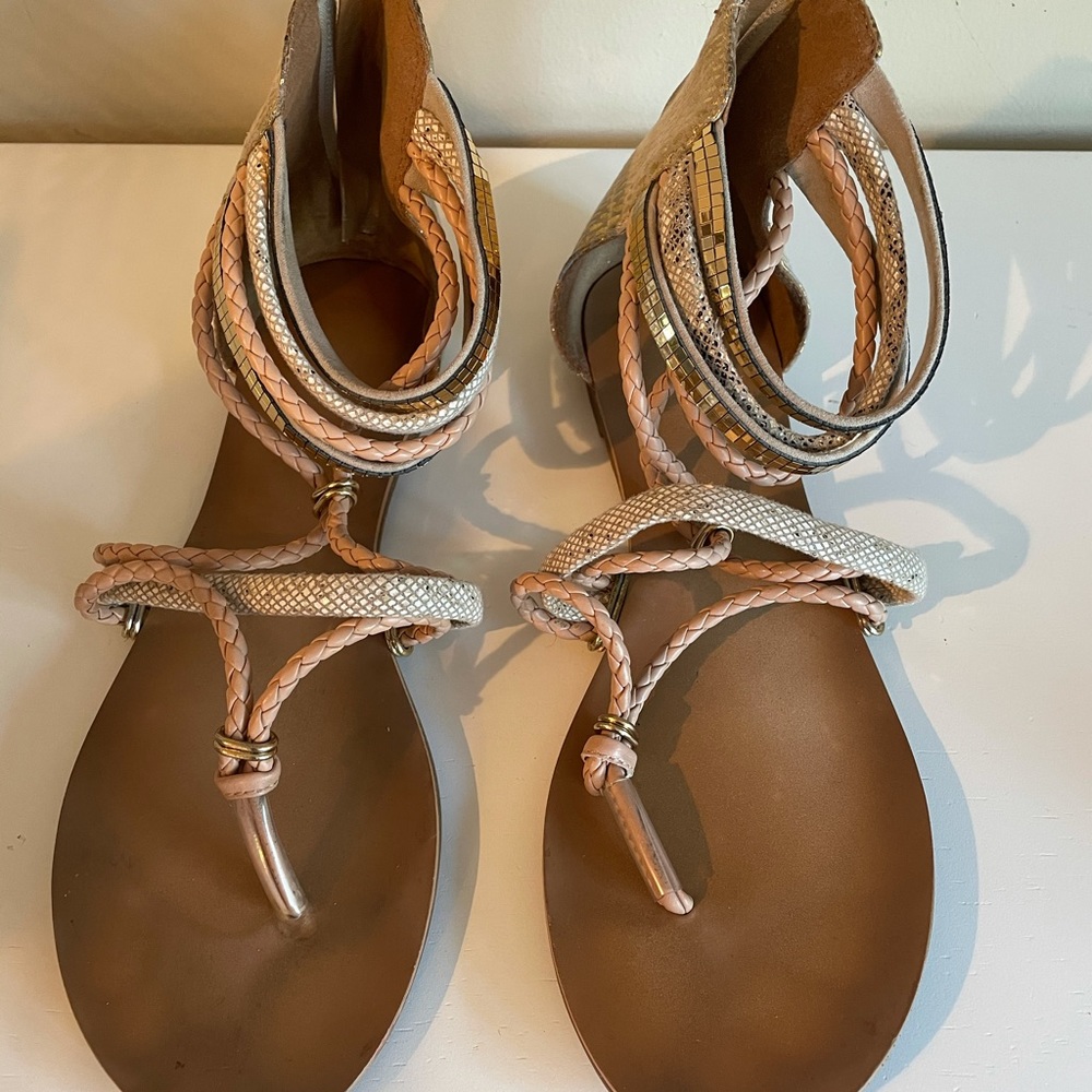 Super unique strapping ankle flat sandals